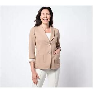 Susan Graver Weekend Marina Knit Blazer w/ Rib Knit Cuffs Taupe/White L A644500